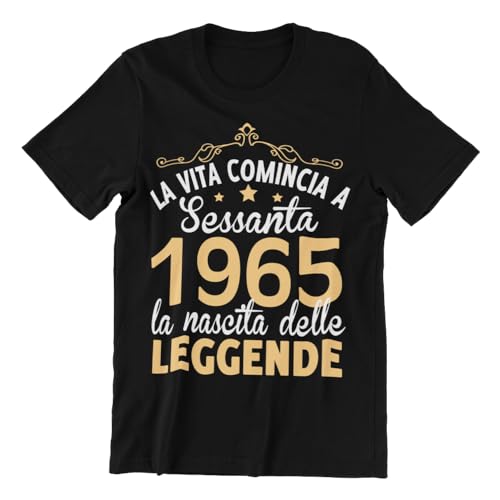 Vulfire Maglietta Uomo Idea Regalo Compleanno, 1965 La Vita Comincia a sessanta la Nascita delle Leggende, Festa dei 60 Anni (IT, Testo, L, Regular, Regular, Nero)