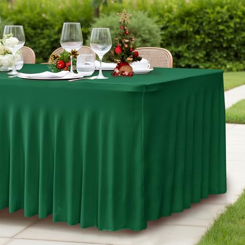 Image of HolidayIdeas 2 Pack Hunter Green Spandex Table Cover for 8ft Rectangle Desk, 96 Inch Fitted Skirt for Christmas Buffet Party