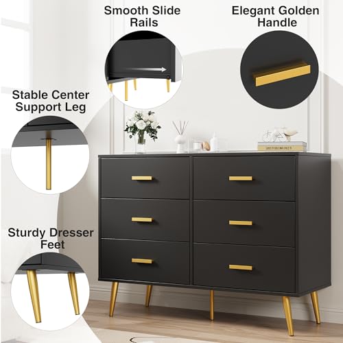 GarveeHome 6 Drawer Dresser, Modern Wooden Dresser with Gold Handles and Storage Space, Chest of Drawers for Bedroom, Hallway, Living Room and Entryway, Black