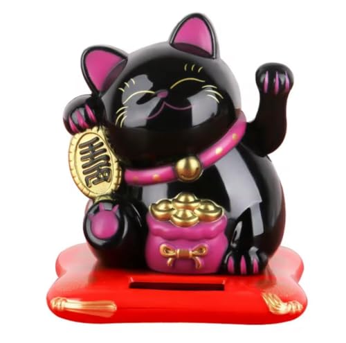 THP DEALS Lucky Cat Waving Moving Arm Solar Power Chinese Oriental Maneki Neko Feng Shui Money Decoration Dancing Cats Chinese Gift, for Welcoming Fortune Luck Wealth, Car decor (Black)