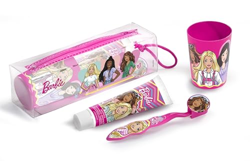 Barbie Set Infantil de Higiene Dental, que Contiene 1 Dentífrico, 1 Cepillo Dental y 1 Vaso Decorado