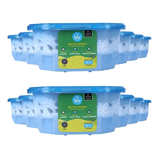 Image of BLU by Absorbia | Moisture Absorber with Activated Charcoal | Super Saver Pack of 96 (400ml Each) | Dehumidifier for Small Storage Spaces | Fights Against Moisture, Mould, Fungus Musty smells