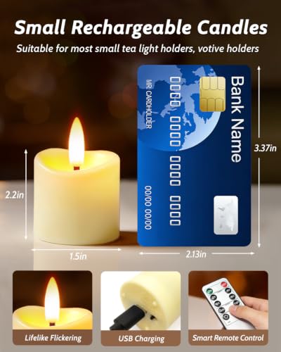 Image of 6 Pack Small Rechargeable Flameless Candles with Remote Timer | 1.5 inchx2 inch LED Tea Lights Votive Fake Candles Flickering Mini Candles Battery Operated for Halloween Wedding Party Home Decor