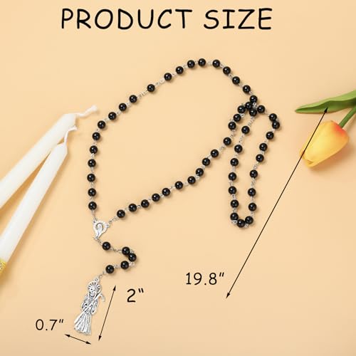 SANDOO Santa Muerte Necklace with Rosary Beads,Protection Good Luck Healing Santa Muerte Pendant with Sickle,Religious Jewelry Amulet for Women Girls Men Her Him2