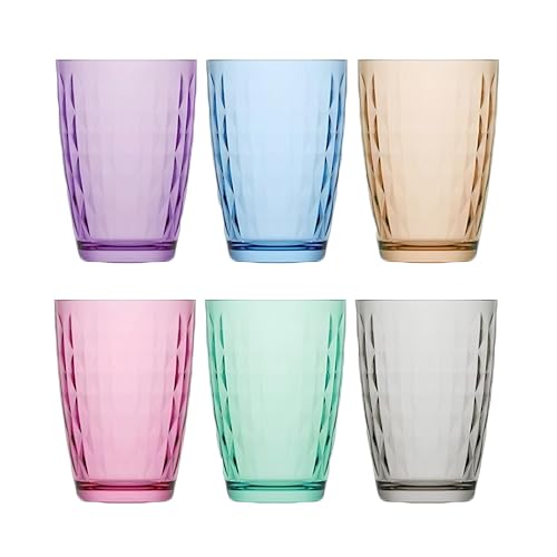 vienberg Artemis Coral - Juego de 6 vasos de 415 ml, diseño de vasos largos con relieve interior (exterior liso), vasos de agua apilables y vasos de zumo, vasos de colores para cócteles, té helado y