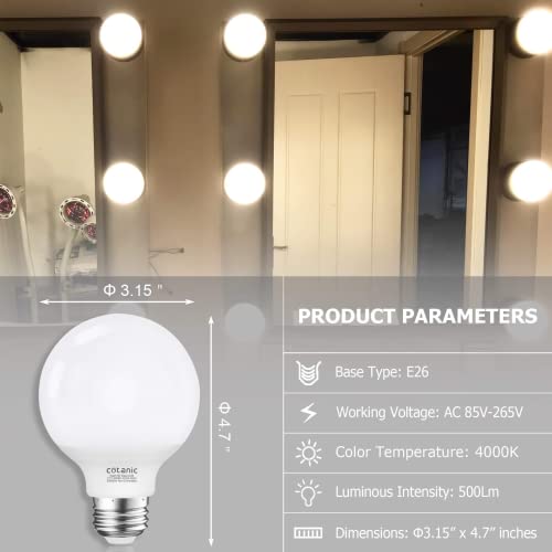 G25 Led Vanity Light Bulb For Bathroom 4000K Daylight,Cotanic Globe Light Bulbs,E26 Standard Base,5W,60 Watt Incandescent Equivalent,500Lm,Non-Dimmable,8 Pack #TOP1