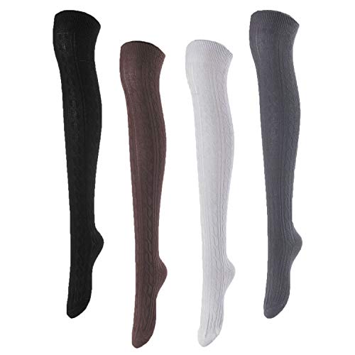 Lovely Annie Women's 4 Pairs Over Knee High Cotton Socks JMYP1024 Size 6-9 Style 03 (Black,Coffee,Grey, Dark Grey)
