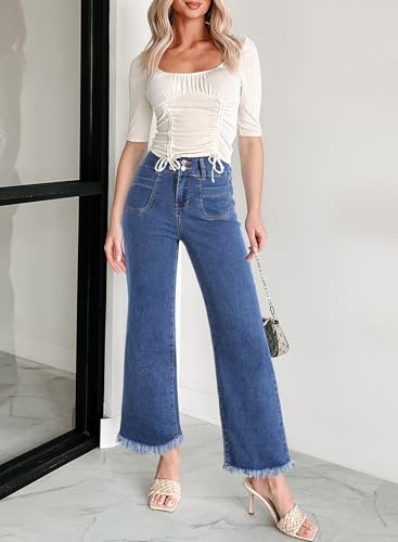 Astylish Womens Wide Leg Jeans High Waisted Double Button Stretchy Frayed Hem Straight Jean Loose Trendy Denim Pants3