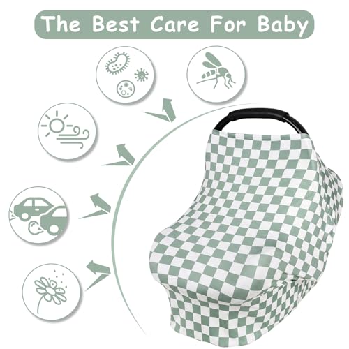 Image of TANOFAR Car Seat Cover for Baby, Multi-Use Cover Carseat Canopy, High Stretchy & Breathable Infant Carseat Cover, Shower Gifts for Unisex Boys and Girls, Green Checkered