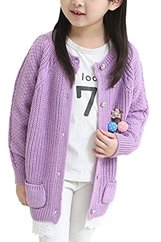 RJXDLT Girls Crewneck Cardigan Long Sleeve Children Button Cotton Sweater Uniform Sweaters for Little Girls, Light Purple, 8 Years
