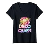 Damen Disco Queen – 70er Jahre Disco Themed Vintage 70er Jahre Kostüm T-Shirt mit V-Ausschnitt