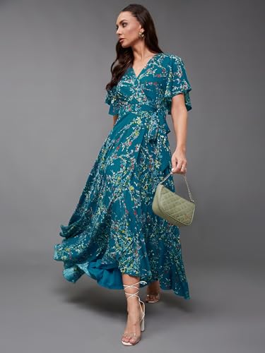 Image of Miss Chase Women's Multicolored-Base-Brown Relaxed Fit Maxi Lurex Chiffon Dress