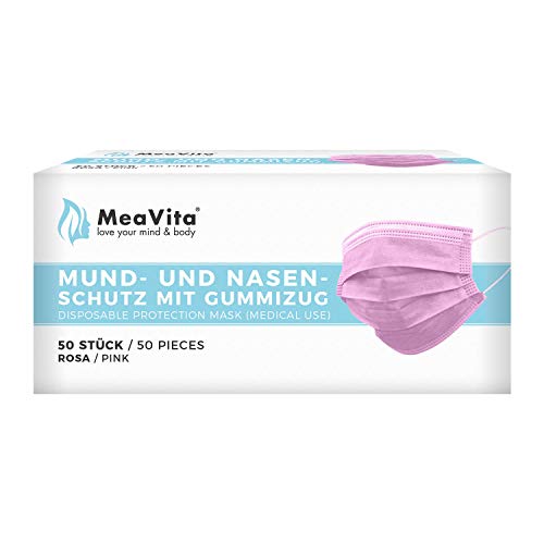 Mea Vita medizinischer Einweg Mund- und Nasenschutz Typ IIR, 50er Pack, 3-lagig, EN-14683, Einweg Maske, Gummizug (Rosa) – Bild 2