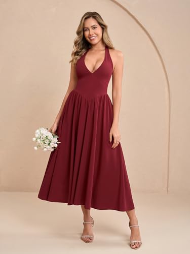 Image of Parthea Women's Gingham Halter V Neck Midi Dress Corset Smocked Sundress Flowy A Line Wedding Guest Dresses