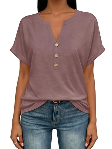 Image of EyMuse Womens Short Sleeve Henley Tops Fashion Casual V Neck Summer Tshirt | Summer Button Up Top Fashion Soft Basic Tees Blouses Spring Comfortable Classic Clothing Resort Wear for Women 2026
