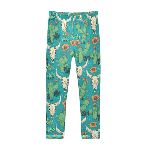 Wusikd Cactus Cow Skull Girls' Leggings Toddler Doodles Retro Cartoon Kids Yoga Pants Dance Active Tights 4T