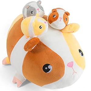 14inch Guinea Pig Stuffed Animals Mama Hamster Plushie Pillow with 3 Cute Babies Guinea Pig Mouse Plush Toys Birthday Christmas Surprise Gifts for Kids Girls Boys