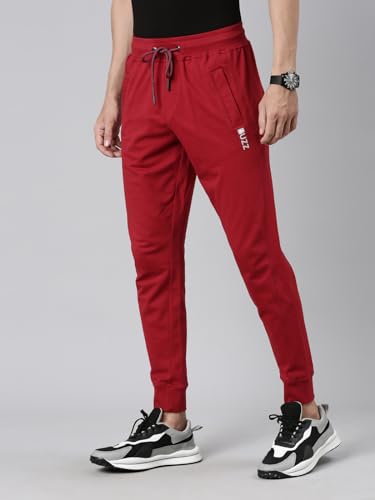Image of BUZZ Standard Men Athleisure Slim Fit Solid Cotton Joggers Zipper Pockets, Ultra Soft, Stretchable, Breathable, Anti-Slip Waistband with Drawcord, Track Pants for Leisure, Travel, Workout. Pack of 1