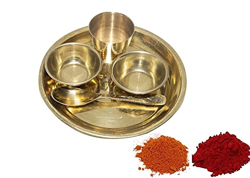 Image of 3.5 cm Laddu Gopal ji Thakur Ji Krishna Brass Pooja Thali Set /Bhog Bartan /Prasad Bartan Small Utensils Set of 5 Pcs (Thali Size 7 dimater) (0-3 Size)