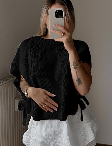 Knitted Tops Short Sleeve Sweater for Women Lace Up Crew Neck Crochet Tops Hollow Out Pullover Shirts(Black-S)2