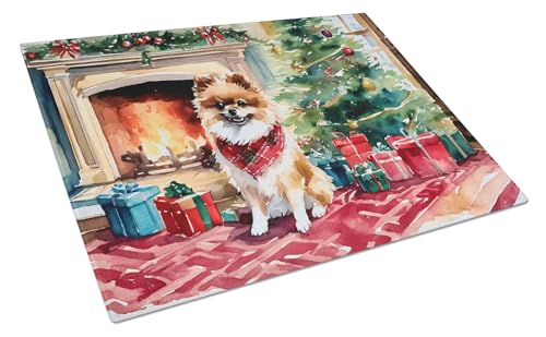 Caroline's Treasures DAC2723LCB Pomeranian Cozy Christmas Glass Cutting Board Large Decorative Tempered Glass Kitchen Cutting and Serving Board Large Size Chopping Board