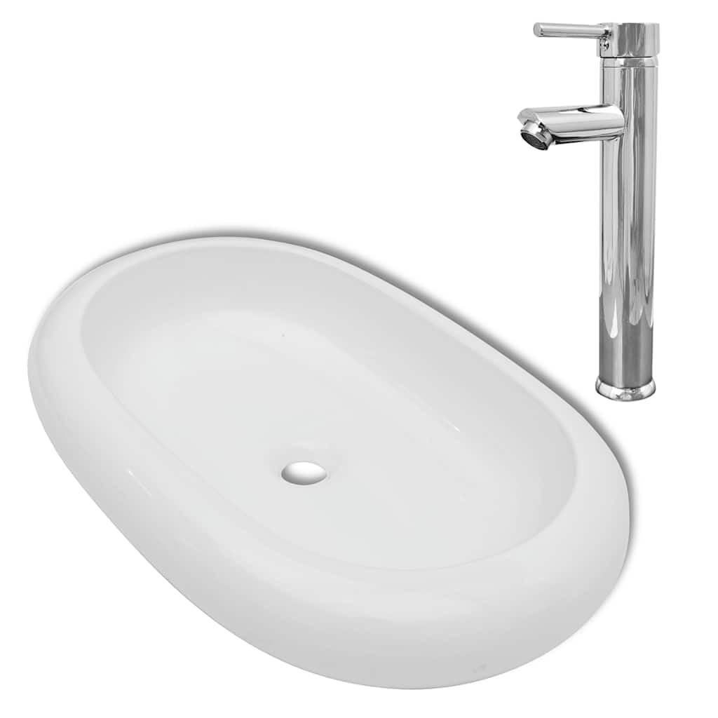 Lavabo de cerámica blanco 630 x 420 mm con grifo monomando cromado moderno para baño, invitados, inodoro y caravana