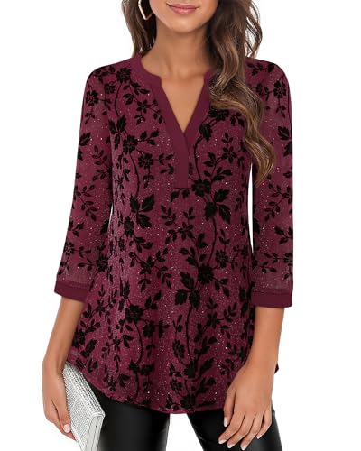 Image of Timeson Women's Short Sleeve V Neck Blouses Shirts Floral Double Layers Mesh Tunics Tops