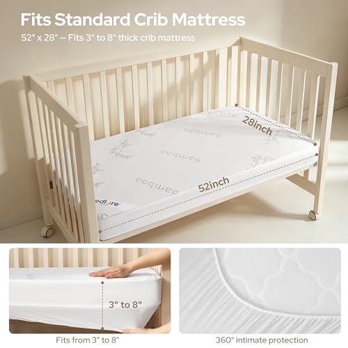 Image of BEDLORE Waterproof Crib Mattress Protector 2 Pack, Ultra Soft Bamboo Viscose Crib Mattress Pad Cover, Noiseless Toddler Mattress Protector for Standard Baby Bed Size 52''x28'', White