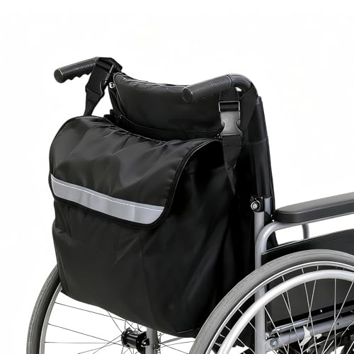 Multifunctional Wheelchair Backpack Storage Bag for Outdoor Use – Large Capacity Accessory Carry Pouch for Wheelchairs, Mobility Scooters, Rollators – Waterproof, Reflective, Adjustable Straps – Black