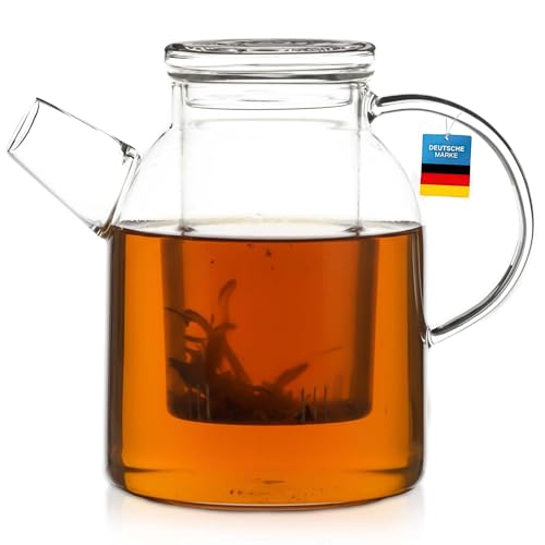 Dimono® Mundgeblasene Teekanne mit Teefilter & Teesieb Kanne mit Filtereinsatz aus Glas (Jumbo 1200ml)
