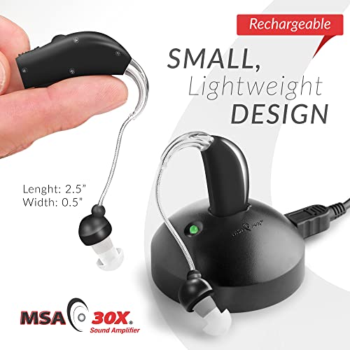 MSA 30X Behind the Ear Sound Amplifier, Amplifies Sound by 30 Times, Lightweight, Virtually Invisible, Comfortable, Adjustable Volume, Fast Charging, Black, 1ct