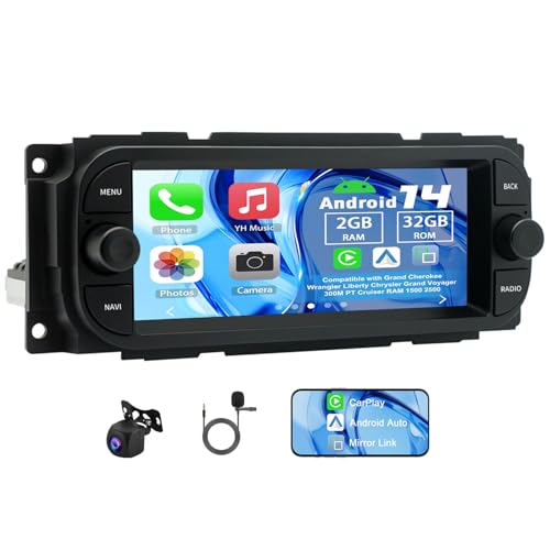 Slakerbe Android 14 Autoradio Compatible avec Grand Cherokee Wrangler Liberty Chrysler Grand Voyager 300M PT Cruiser RAM 1500 2500, 2G+32G 6.86 Pouces 2 Din Carplay...