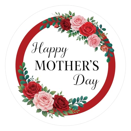 Alynta Happy Mothers Day Stickers 2 Inch Mother's Day Stickers 60Pcs Large Round Mothers Day Gift Sticker Self-Adhesive Floral Sticker Labels for Envelope Seals Cards Party Favors (Red)
