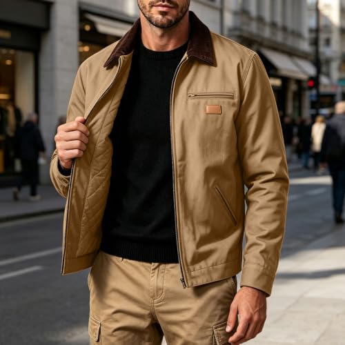 Cyvrin Jacket for Men Contrast Corduroy Collar Zip Up Long Sleeve Jacket - image 5