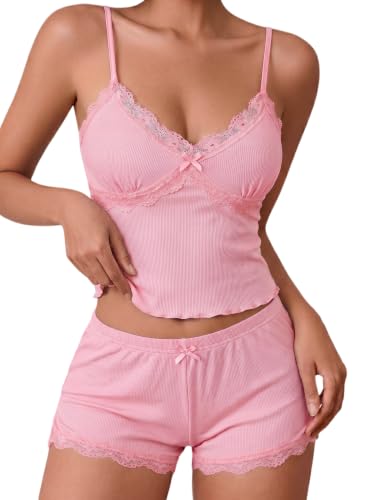 Image of Avidlove Women's Soft Ribbed Knit Cami Pajama Set Sexy V Neck Lace Trim Sleepwear Side Slit Shorts Lingerie Nightwear