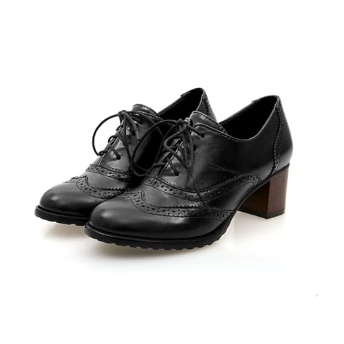 Women Classic Lace Up Mid Block Heels Casual Brogue Shoes Vintage Leather Shoes Black B