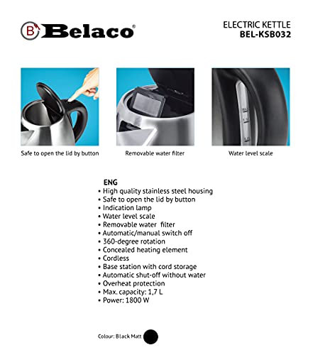 Belaco Electric Kettle Stainless Steel Housing 1.7L Fast Boil Cordless 360° Rotation Removable Water Filter 1800-2200W UK Plug Auto Shut-Off & Boil-Dry Protection (Black) (Black) - Image 8