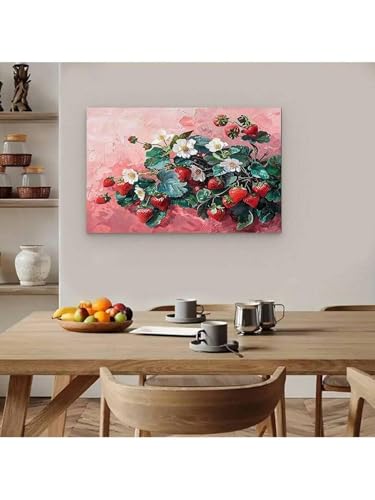 Peinture sur toile de fraise rose art mural vintage decoration interieur encadree 80x120 cm