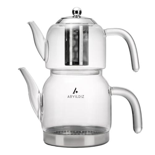 Image of Borosilicate Glass Teapot Set | Heat-Resistant Turkish Tea Maker with Stainless Steel Infuser and Metal Base | 2.5 lt Total Capacity, Drip-Free Spouts, Clear Glass Samovar Style (BRILLANT TEAPOT)
