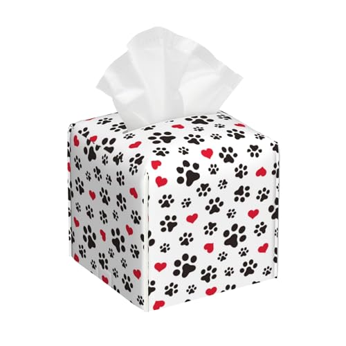 Dog Paw Cat Paw Heart Love Tissue Box Cover Square, Animal Puppy Footprints Tissue Box Holder Waterproof Leather Facial Paper Organizer Dispenser for Bathroom Home Car Nightstand Vanity Desk