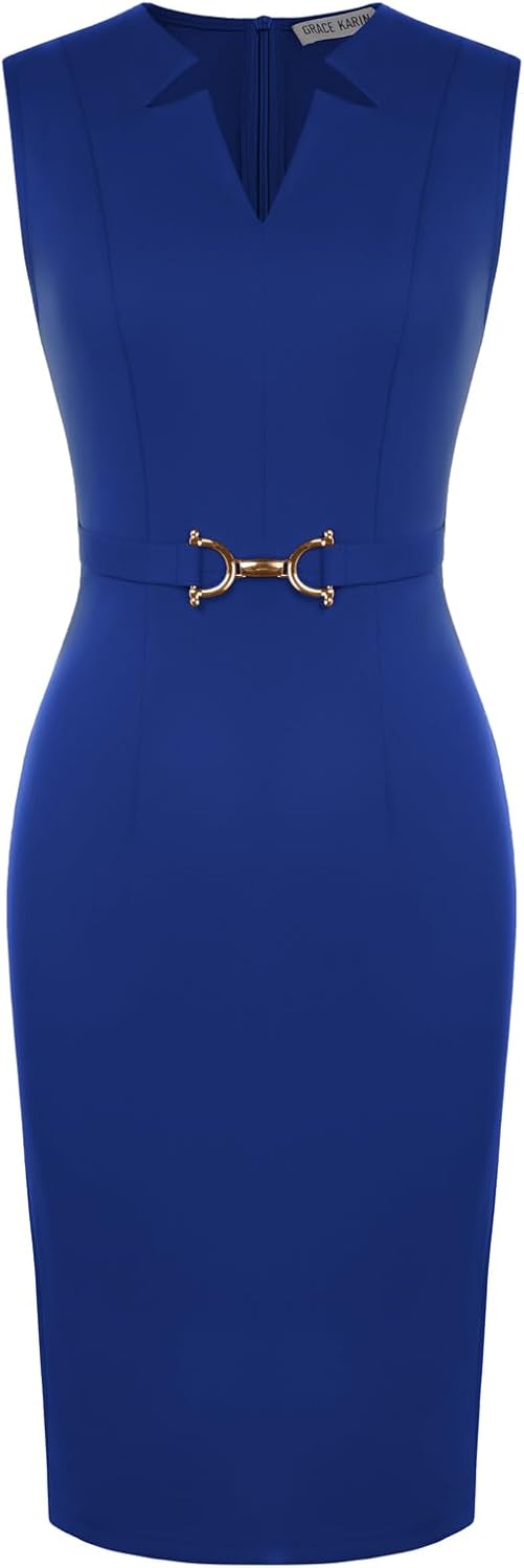 GRACE KARIN Work Dresses for Women 2026,V Neck Business Office Bodyon Dress,Sleeveless Pencil Semi Formal Midi Dress
