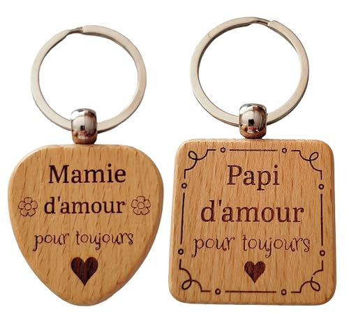 Lot de 2 Porte-clés pour Papi et Mamie en Bois Gravé et Personnalisé - Cadeau Papy et Mamie - Idéal Anniversaire, Fête des Grands-Pères Fêtes des Grands-Mères...