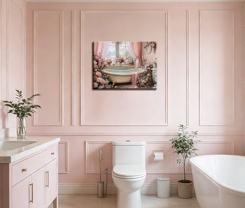 Image of Frimeeme Vintage Pink Bathroom Canvas Wall Art,12x16 Inches