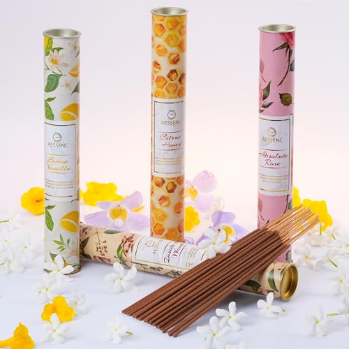 ABOUT SPACE Aessenc Agarbatti Four in One Incense Sticks | Pack of 4 (175gm) | 4 Signature Fragrances Sandal, Lemon Vennila, Ozomozz, Rose for Puja, Meditation, Refreshing Ambience
