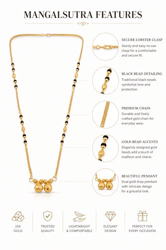 Image of 1 Gram Gold Plated Traditional Short Mangalsutra for Women| Daily Wear Short Tanmaniya With Black beads. 18 Inch Gold Plated Jewellery.