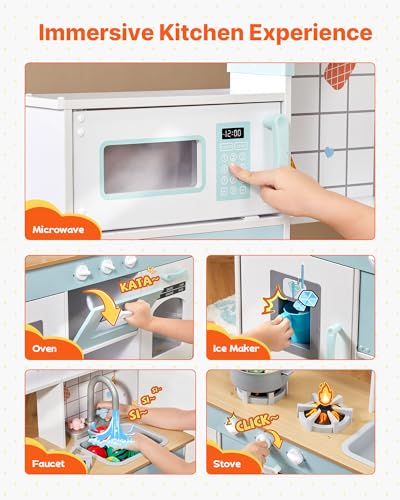 Image of VEVOR Wooden Play Kitchen Toy, Play Kitchen for Kids with Lights and Sounds, Toddler Kitchen with Ice Maker, Oven, Sink, Microwaves, Fridge and Utensil and Fruit Accessory for Toddlers, White