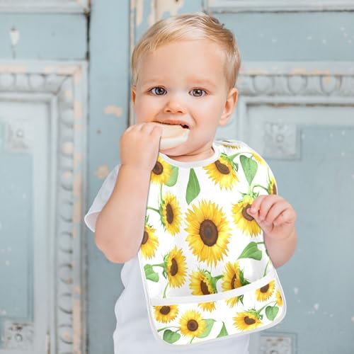 MCHIVER Sunflower Leaf White Baby Bibs for Boy Girl Toddler Waterproof Feeding Bib Apron with Food Cather Adjustable Cotton Food Eating Bib 2 Pack4