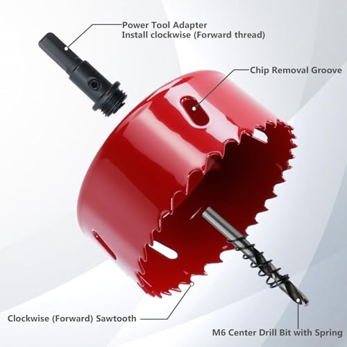 3.15 Inch / 80mm Hole Saw Red with Arbor and Pilot Drill Bit, Bi-Metal Hole Cutter for Fiberboard, Wood, Drywall, Plastic, Soft Metal Sheet, PVC Board and Cornhole Boards Drilling