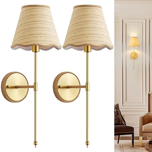 Giutna Natural Rattan Wall Sconces Set of 2, Boho Hand-Woven Wall Mounted Light Fixture Decor with Rattan Lampshade Sconces for Home Bedroom Living Room Hallway Kitchen Stairs(Gold)
