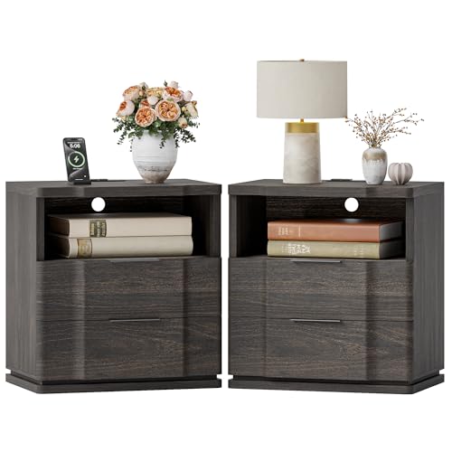 Mid-Century Nightstand Set of 2 with Charging Station